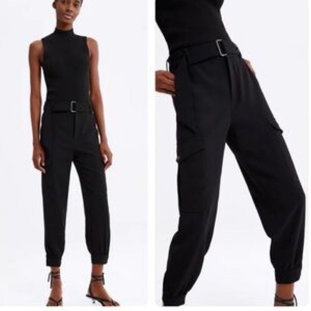 Zara Women’s Belted Cargo Pants Black Y2K XS
